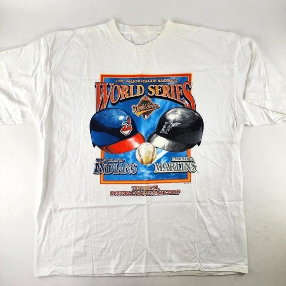 Vtg Starter Cleveland Indians Vs Marlins Shirt 1997 World Series Wahoo Tee - Picture 1 of 4